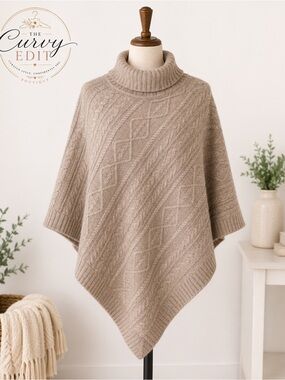 100% Cashmere Cable Knit Poncho Cape Turtleneck Taupe One Size Plus Chic